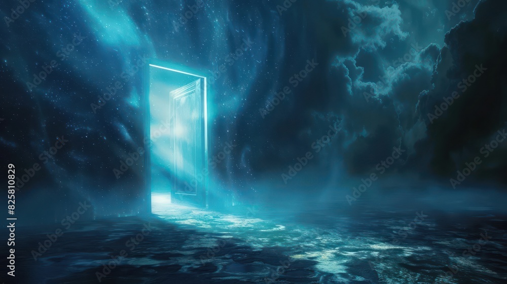 Depict a surreal scene of an open door portal suspended in space, with beams of light shining through and illuminating the darkness of the void. 