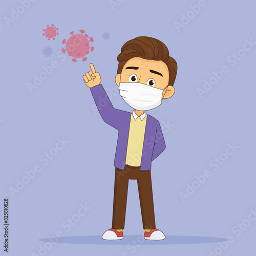 Young business man wearing medical mask and pointing finger up.