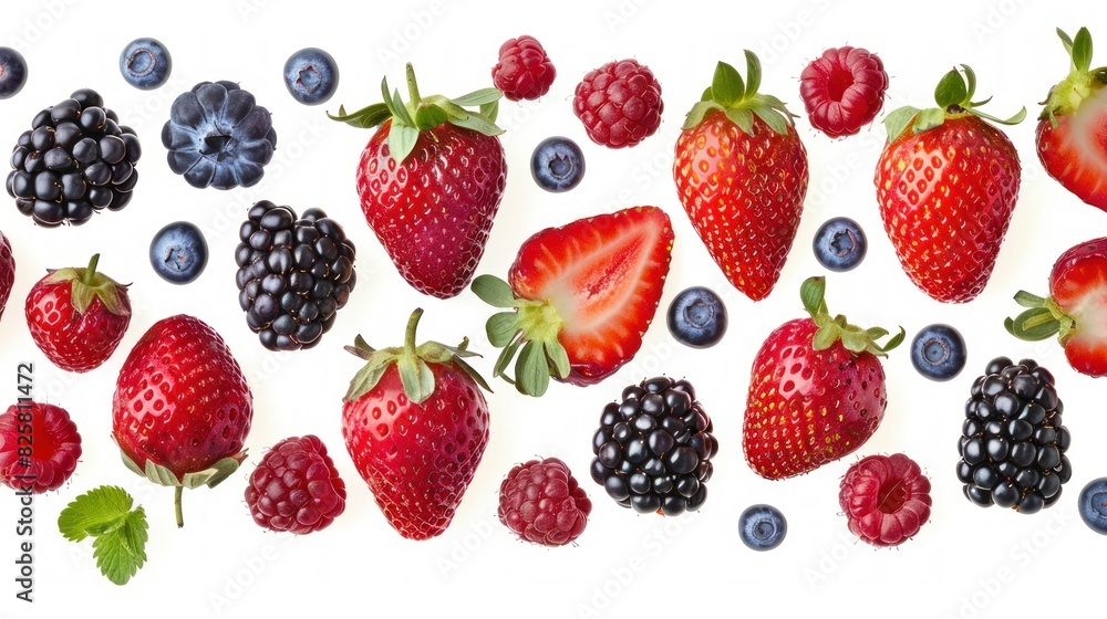 It's a vibrant collection of ripe berries that includes strawberries, blackberries, raspberries, and blueberries. It's a vibrant collection of ripe berries that includes strawberries, blackberries, raspberries, and blueberries.
