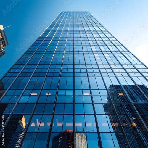 Modern Skyscraper with Sleek Glass Facade Reflecting Cityscape Under Bright Blue Sky - Contemporary Urban Architecture