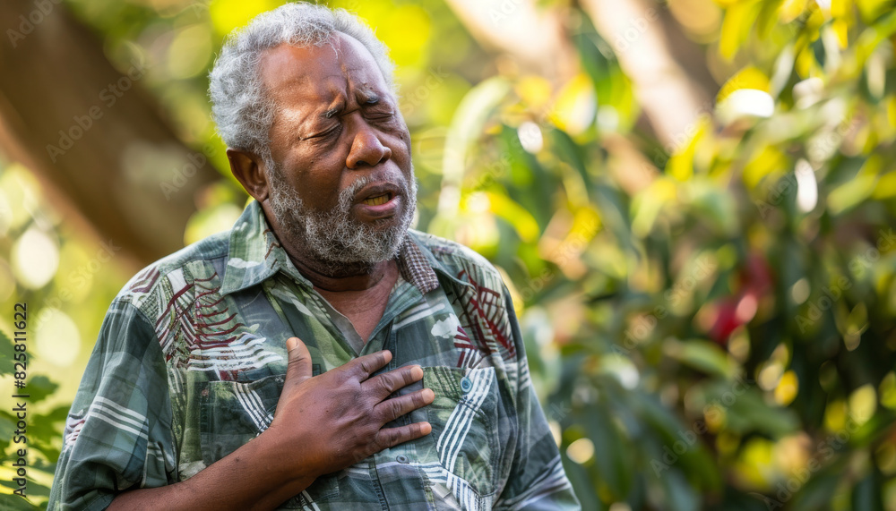Fototapeta premium Palliative A man with his hand on his chest is having heart pain, neurological seizures, difficulty breathing
