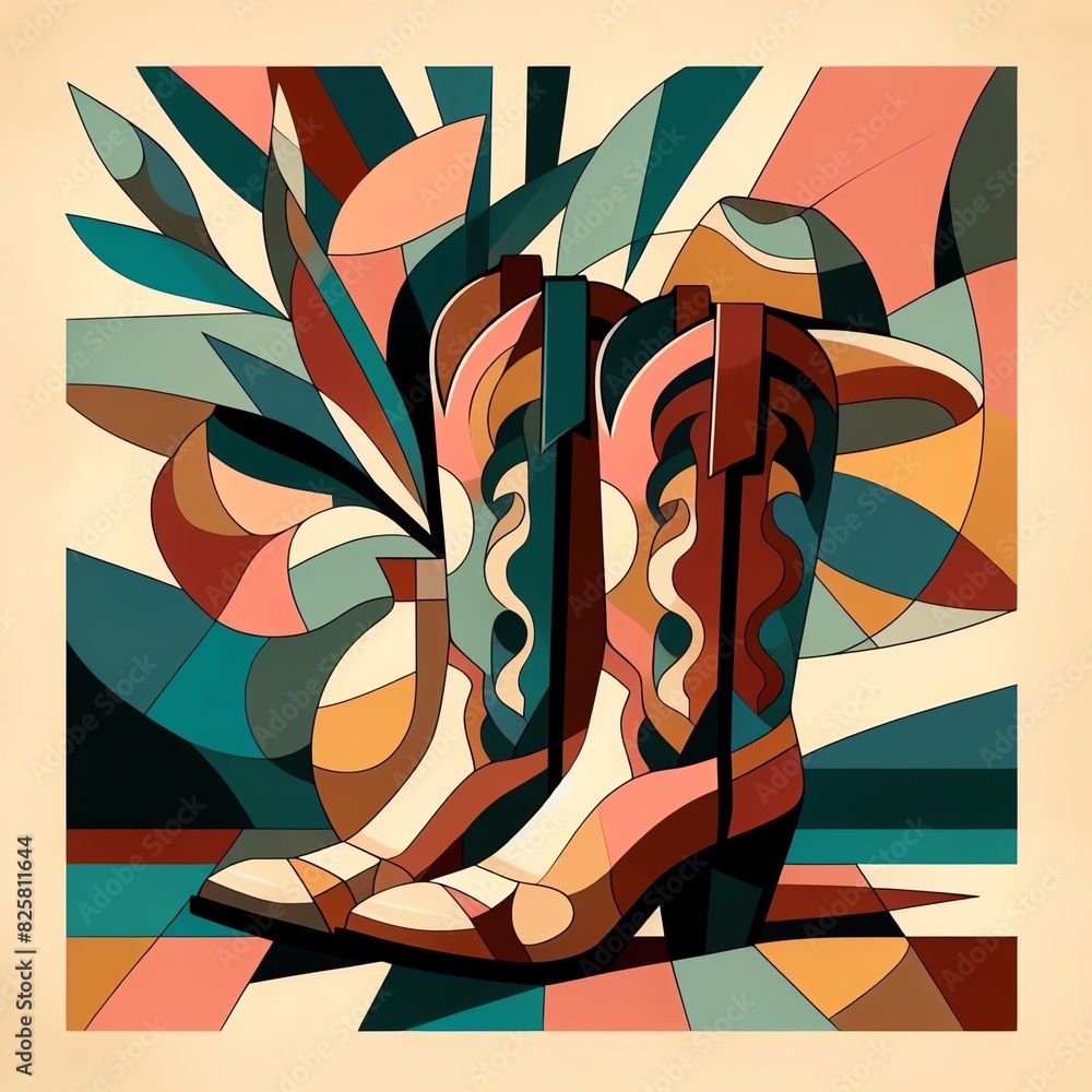 An image of a cowboy boots in a Cubist art style. 