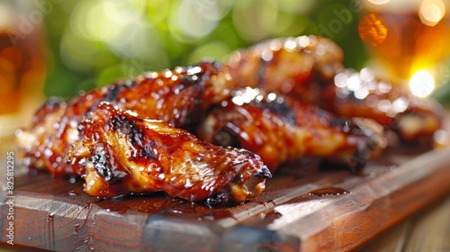 Sweet and sticky barbecued chicken wings coated in a y sauce are a fingerlicking delicacy that cant be missed. photo