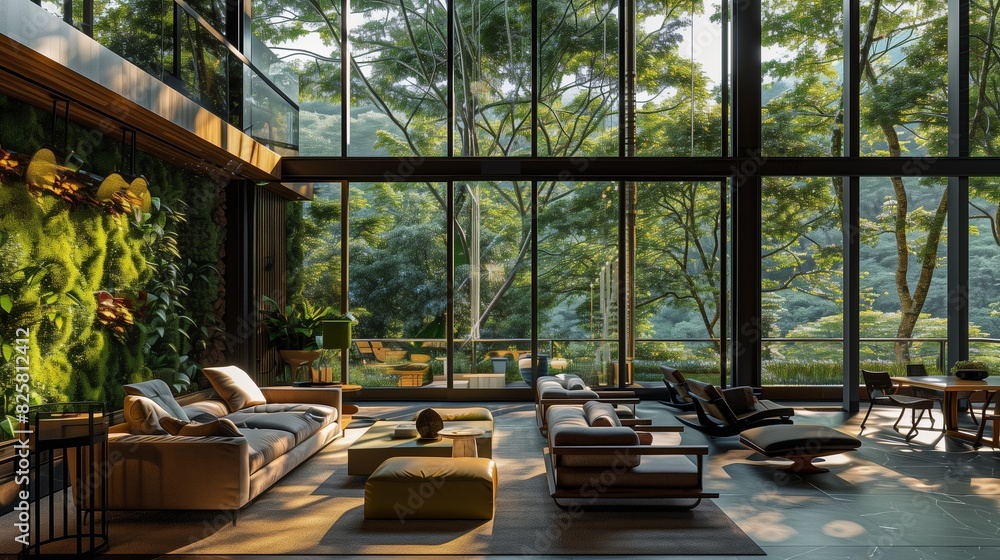 A luxurious living room with floor-to-ceiling windows overlooking a lush forest featuring eco-friendly materials a green wall and furniture that incorporates natural textures and colors. A luxurious living room with floor-to-ceiling windows overlooking a lush forest featuring eco-friendly materials a green wall and furniture that incorporates natural textures and colors.