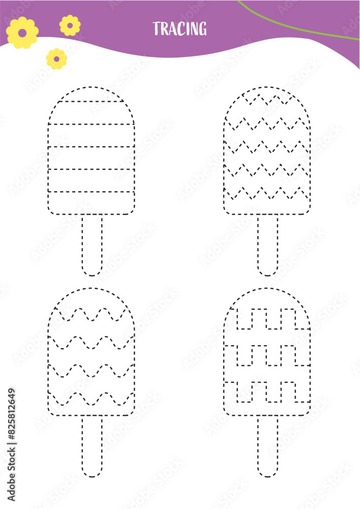 Popsicle Trace and Color Basic Tracing for kids. Preschool tracing