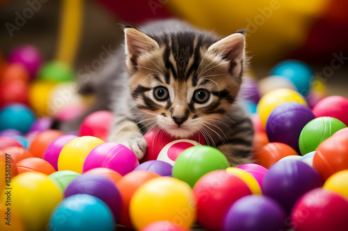 kitten playing with balls. Maine Coon kitten sitting on bed in bedroom, playing with ball © Khansa