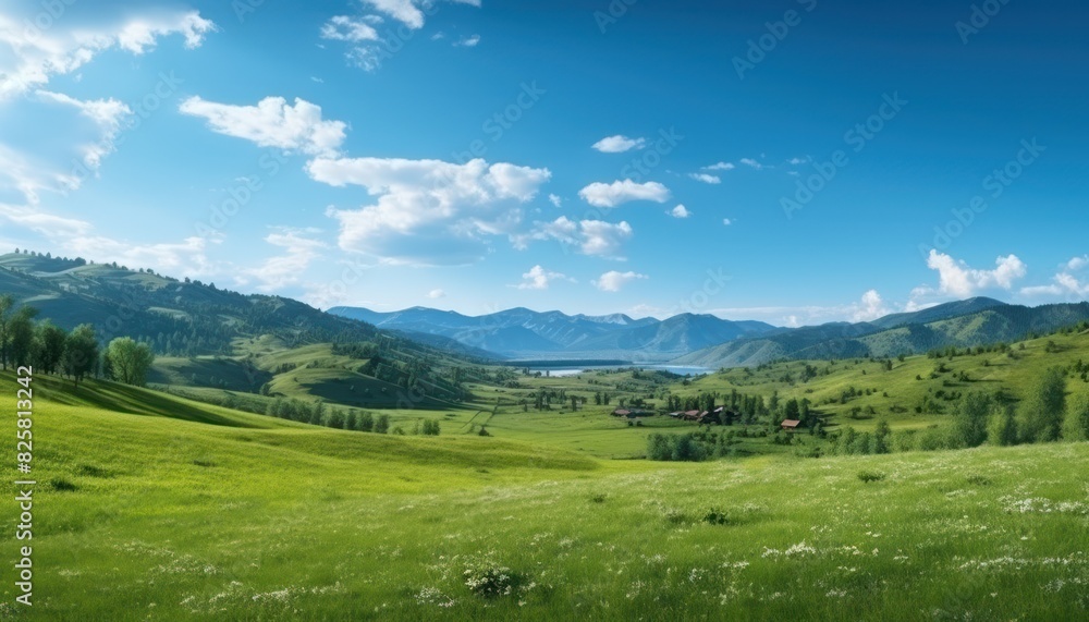 A stunning spring day landscaping views of fertile land surrounded beautiful green vegetation, wide stretches of hills and mountains with clear skies in spring A stunning spring day landscaping views of fertile land surrounded beautiful green vegetation, wide stretches of hills and mountains with clear skies in spring