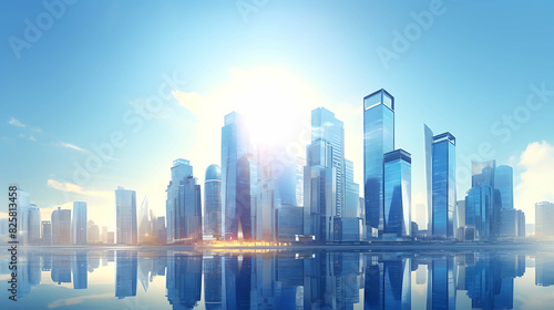 futuristic financial district modern skyscrapers in smart city with reflections. Generative AI
