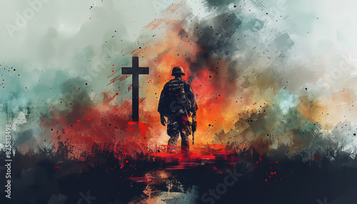 A lone soldier standing amidst a battle-torn landscape, juxtaposed against a cross, symbolizing sacrifice and haunting memories of war. © InkCrafts