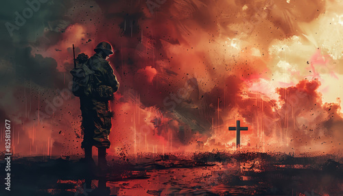 A lone soldier stands before a cross in a dramatic  fiery landscape  symbolizing sacrifice and remembrance  with intense clouds above.