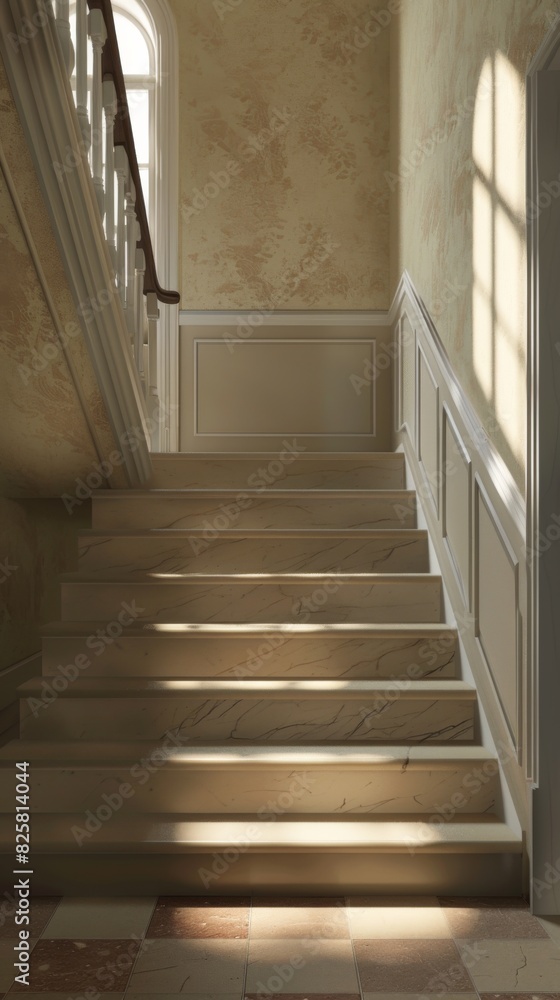 Staircase illuminated by natural light from window above. Architectural design concept