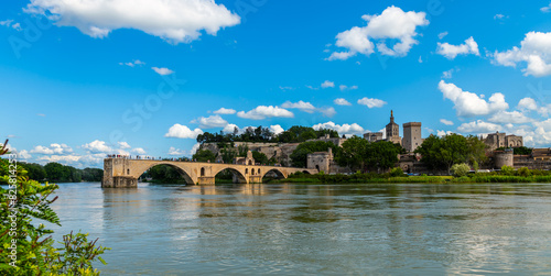 Panorama of Avignon with the Saint Benezet bridge over the Rhone river, in Vaucluse, in Provence, France photo