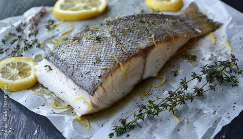 sea bass on a bed of lemon and thyme before being cooked photo