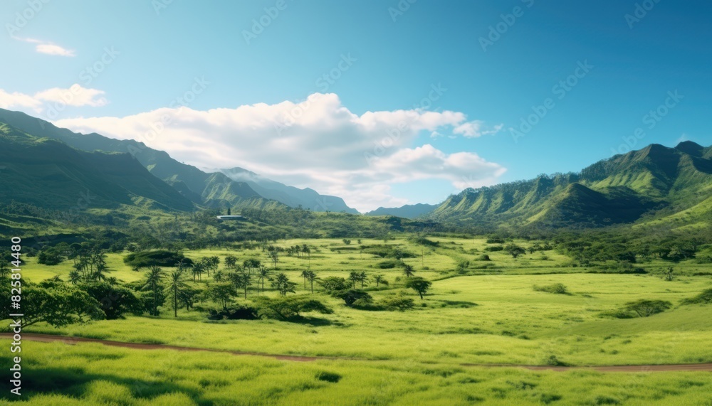 Obraz premium A stunning spring day landscaping views of fertile land surrounded beautiful green vegetation, wide stretches of hills and mountains with clear skies in spring