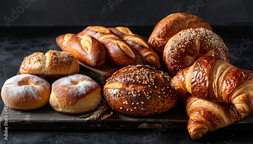 Bakery - bread rolls, baguette, bagel, sweet bun and croissant on black background 