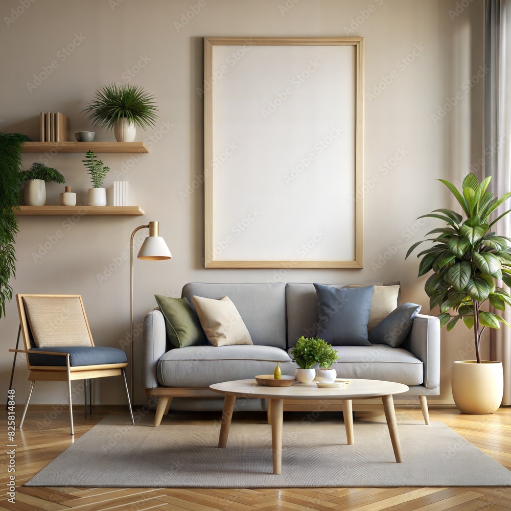Fototapeta premium Frame mockup, ISO A paper size. Living room wall white poster mockup. interior mockup with house background. Modern interior design. 3D render