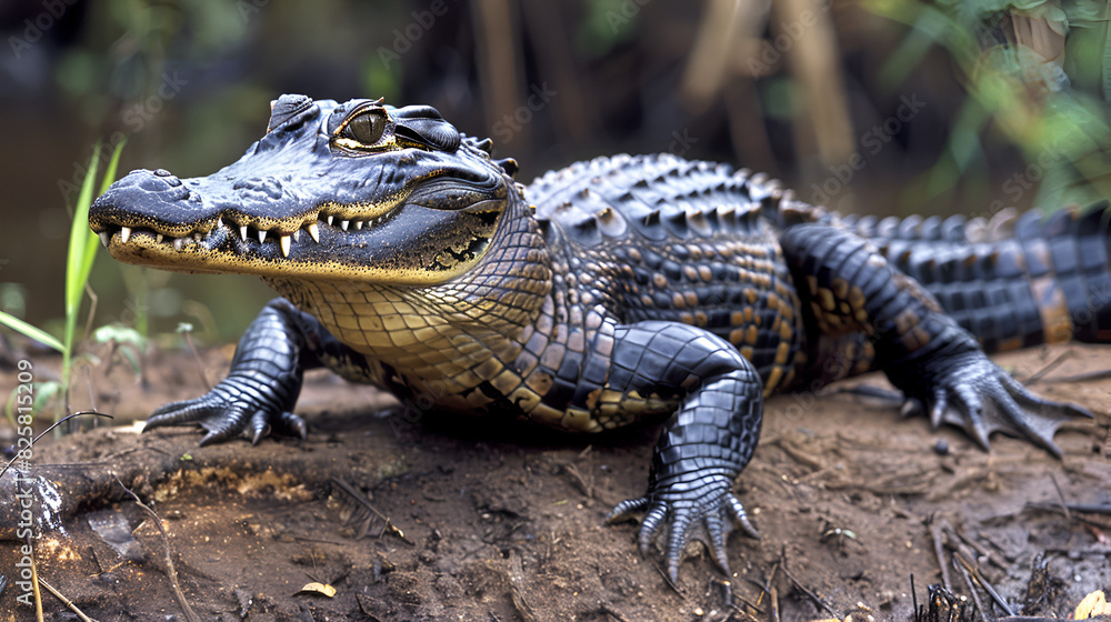 Fototapeta premium Black caiman Melanosuchus niger Amazon rainforest, generative Ai
