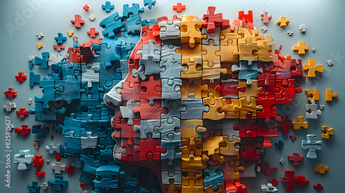 A vibrant business infographic template showcasing a puzzle brain head, with each piece symbolizing a crucial aspect of strategic thinking and problem-solving photo