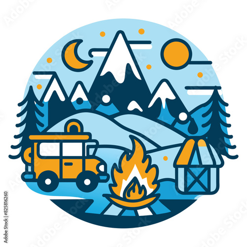 Camping Scene with Camper Van, Mountains, and Fire