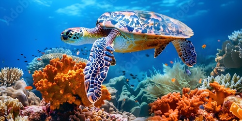 Hawksbill Turtle Gliding Through Coral Reef in the Indian Ocean, Maldives. Concept Wildlife Photography, Underwater World, Marine Conservation, Exotic Destinations, Ocean Ecosystems