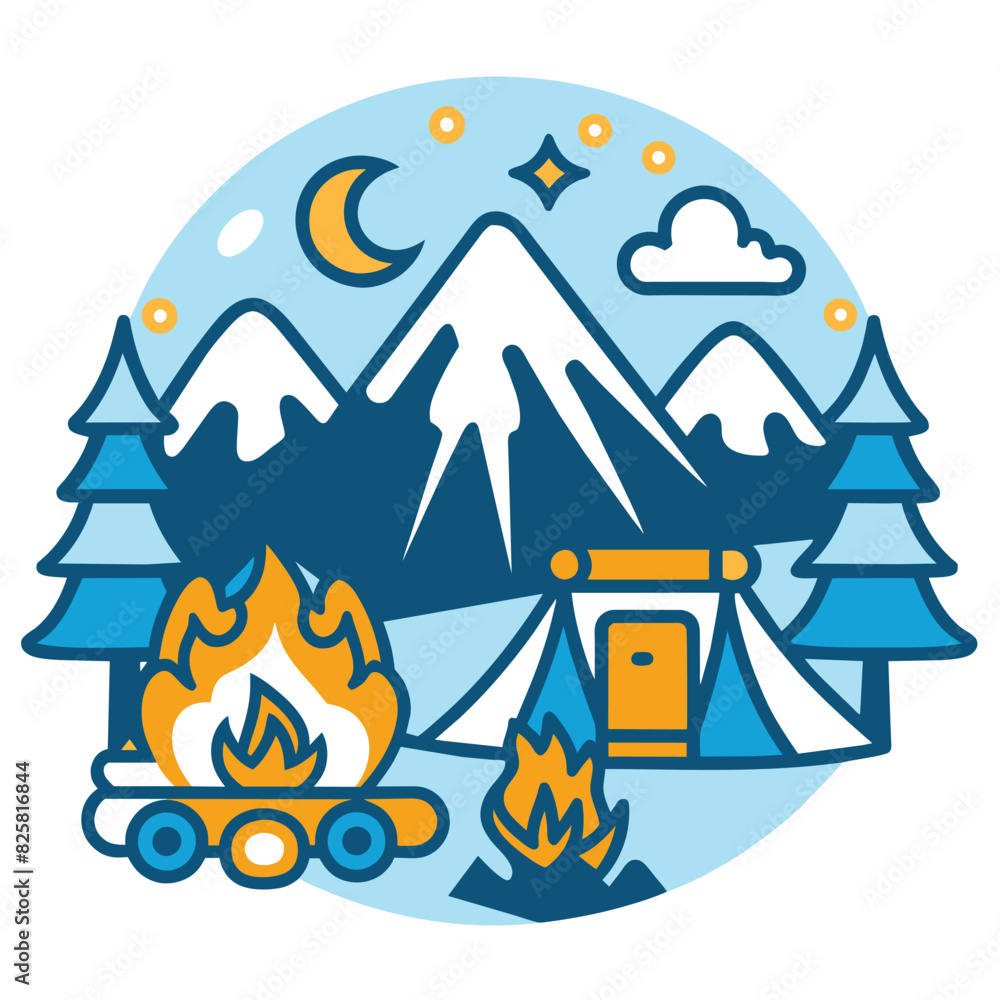 Fototapeta premium Campsite with Tent, Fire, and Mountain Range at Night