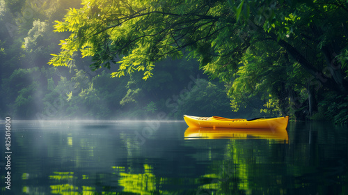 Wallpaper Mural Fluorescent yellow kayak, glowing brightly, paddling on a calm lake surrounded by lush green trees. The water reflecting the kayak's vibrant color, with sunlight filtering through the leaves. Mist Torontodigital.ca