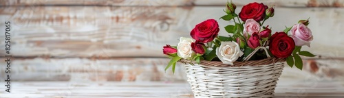 A white wicker basket adorned with red and pink roses rests on a light wooden surface 