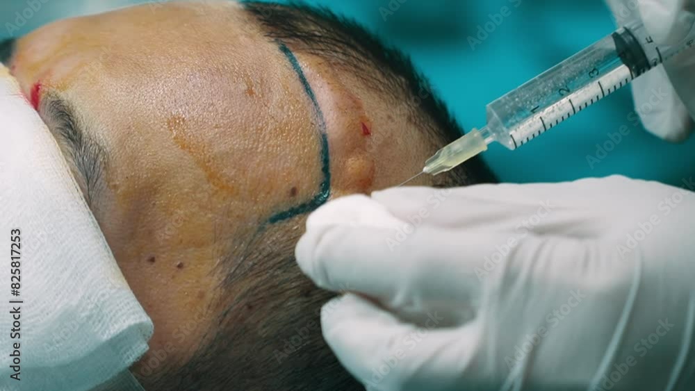 A doctor is currently administering anesthesia to a patient with baldness issues in the operating room of the clinic. A doctor is currently administering anesthesia to a patient with baldness issues in the operating room of the clinic.