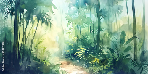 a lush green forest with tall trees and a path going through sunlight is shining through the trees  creating a warm atmosphere