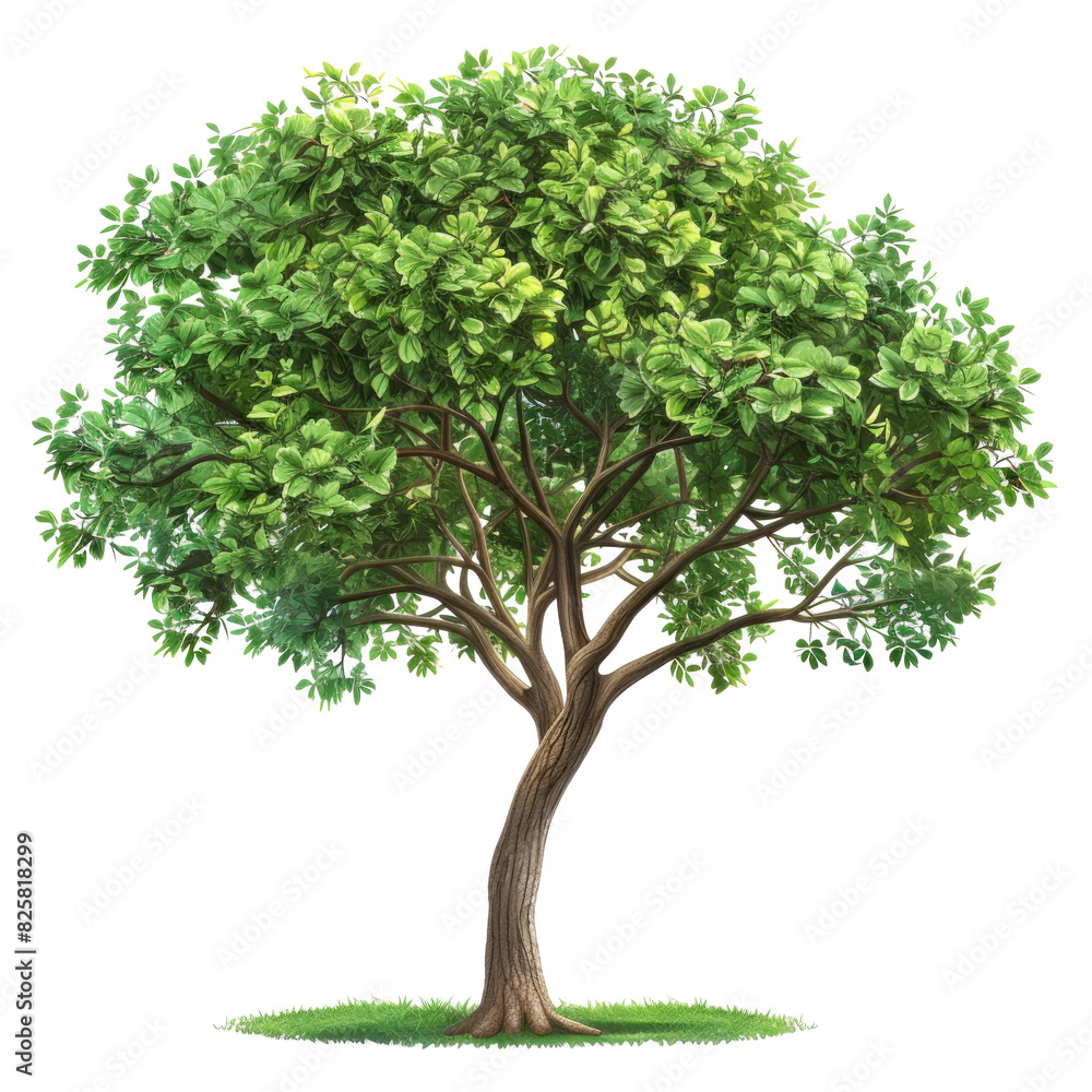 A vibrant 2D clipart illustration of a tree with a lush green canopy, featuring various shades of green leaves and a sturdy brown trunk. The tree stands alone on a clean white background, showcasing A vibrant 2D clipart illustration of a tree with a lush green canopy, featuring various shades of green leaves and a sturdy brown trunk. The tree stands alone on a clean white background, showcasing