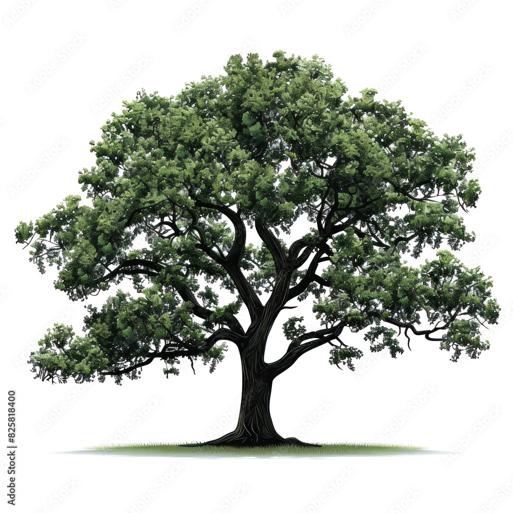 A charming 2D clipart depiction of a tree in full bloom, with branches spread wide and an array of green leaves. The tree's silhouette is bold and clear against a pristine white background, A charming 2D clipart depiction of a tree in full bloom, with branches spread wide and an array of green leaves. The tree's silhouette is bold and clear against a pristine white background,