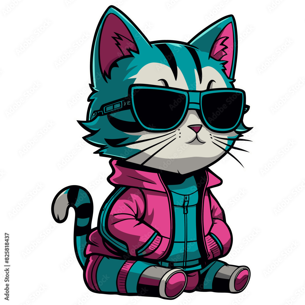 Cool cartoon cyber kitty with sunglasses, isolated on white