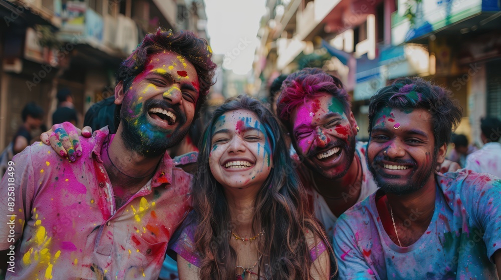 Obraz premium Group of friends having fun on Holi festival according to Indian tradition