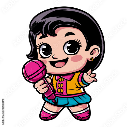 Obraz na płótnie Cartoon cute little girl singing while holding a microphone w salonie