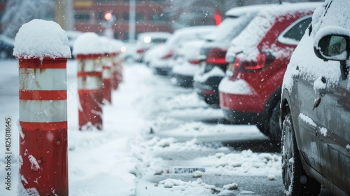 Cars are parked in a parking lot along a city road. Heavy snow covered them.