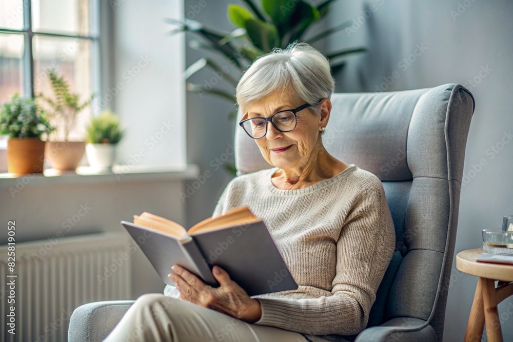An elderly retired woman, a modern grandmother with glasses, is reading a book in the interior of the living room, sitting in an armchair at home in natural light. An elderly retired woman, a modern grandmother with glasses, is reading a book in the interior of the living room, sitting in an armchair at home in natural light.