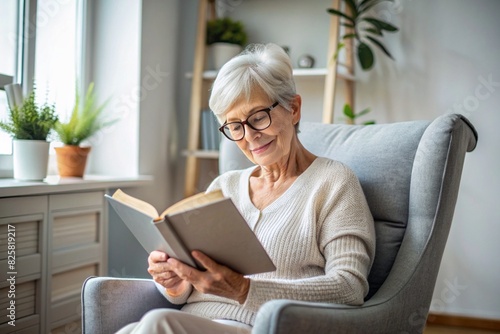 An elderly retired woman, a modern grandmother with glasses, is reading a book in the interior of the living room, sitting in an armchair at home in natural light.
