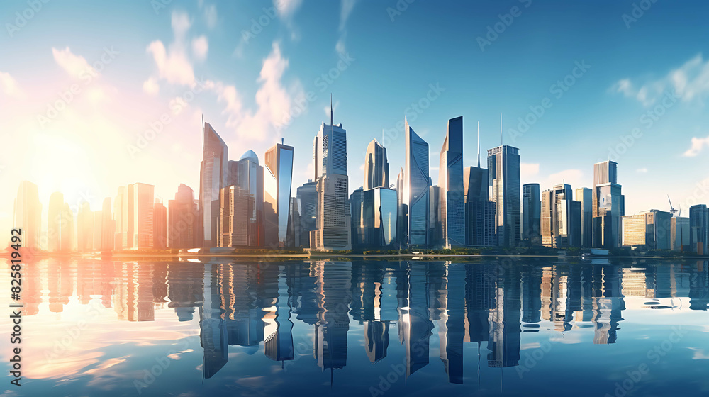 Modern skyscrapers of a smart city, futuristic financial district with buildings and reflections.