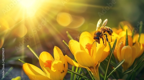 A honeybee delicately gathers pollen on the vibrant petals of a yellow crocus during the soft glow of golden hour.