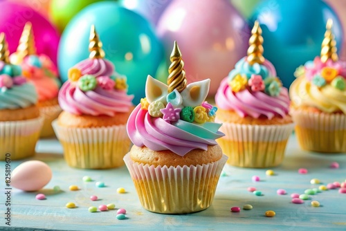 Unicorn cupcakes decorated with colorful buttercream icing and sprinkles and balloon for birthday party