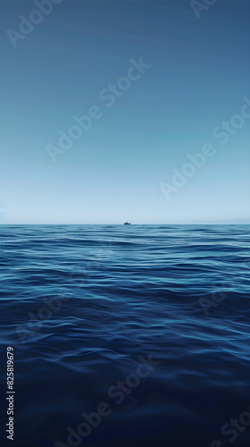 Serene Blue Ocean with Distant Boat Under Clear Sky Reflecting Tranquility and Freedom