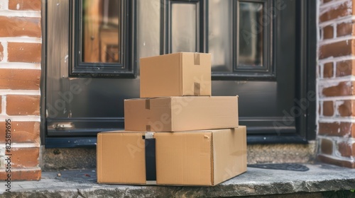 Illustrate a stack of cardboard boxes neatly arranged on a doorstep, ready for delivery, with no faces visible, emphasizing efficient shipping and home delivery services. 