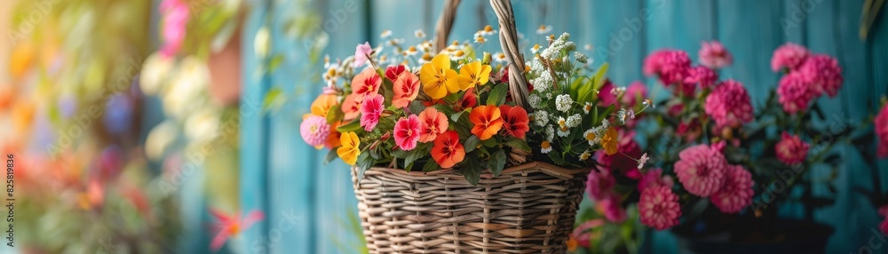 A pretty woven basket filled with assorted flowers hanging