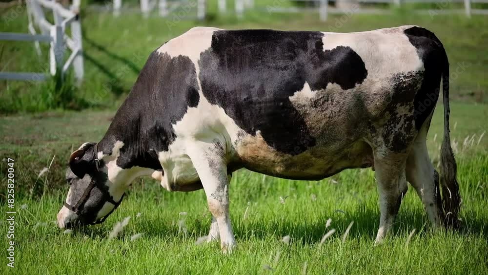 Milk cow grazing on green farm pasture on summer day. Feeding of cattle on farmland grassland Milk cow grazing on green farm pasture on summer day. Feeding of cattle on farmland grassland