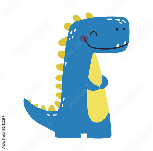 Cute blue dinosaur in simple child style on white background, flat vector illustration . Vector illustration
