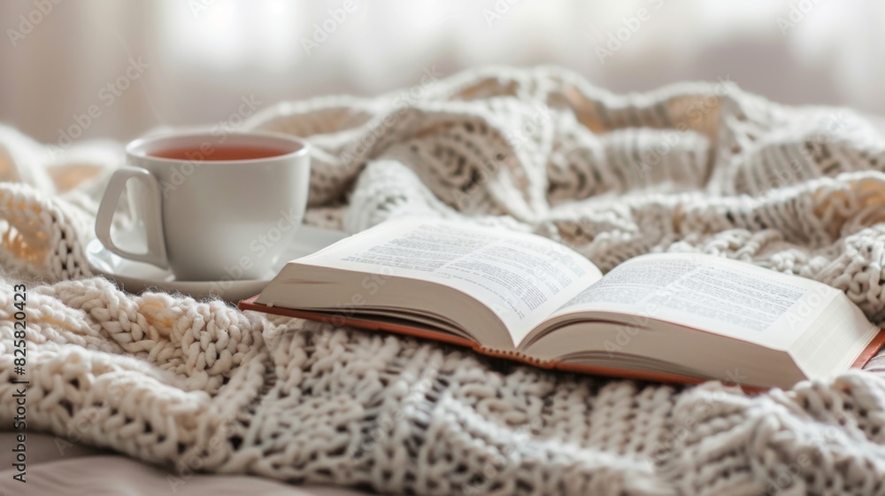 An open white book placed on a cozy blanket with a cup of tea next to it, This picture can be used to depict cozy morning routine or relaxing reading session. An open white book placed on a cozy blanket with a cup of tea next to it, This picture can be used to depict cozy morning routine or relaxing reading session.