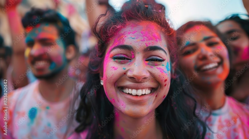 A cute young woman smiles with pink powder on her face. A cute young woman smiles with pink powder on her face.