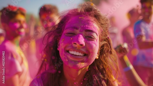 A cute young woman smiles with pink powder on her face.