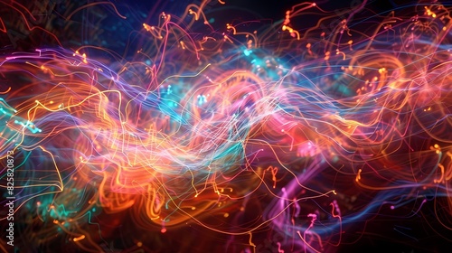 Vibrant patterns of light resembling electric currents coursing through a dark space, captured with HD precision © Maher