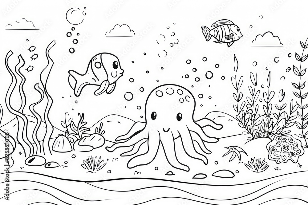 A playful black and white illustration of fish and sea life in a cartoon style, ideal for children's books A playful black and white illustration of fish and sea life in a cartoon style, ideal for children's books